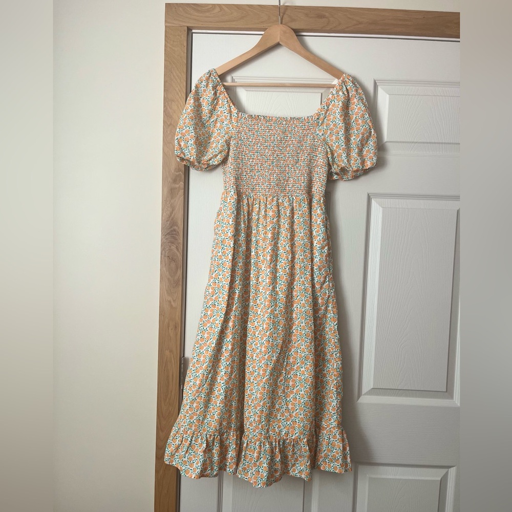 J. Crew Yellow Floral Midi Dress with Puff Sleeves